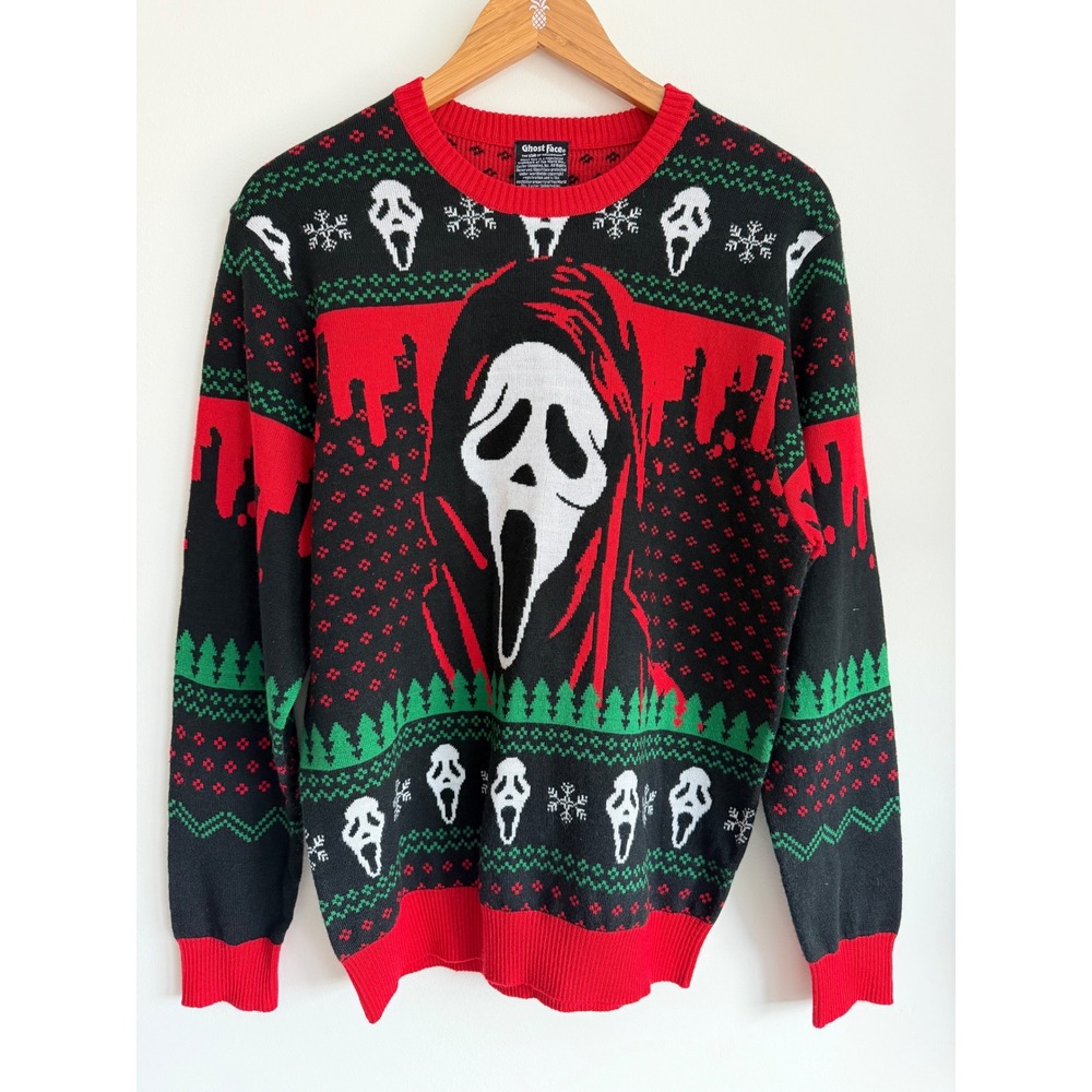 Ghost Face Sweater Black Acrylic Horror Movie Ugly Christmas Fair Isle Medium
